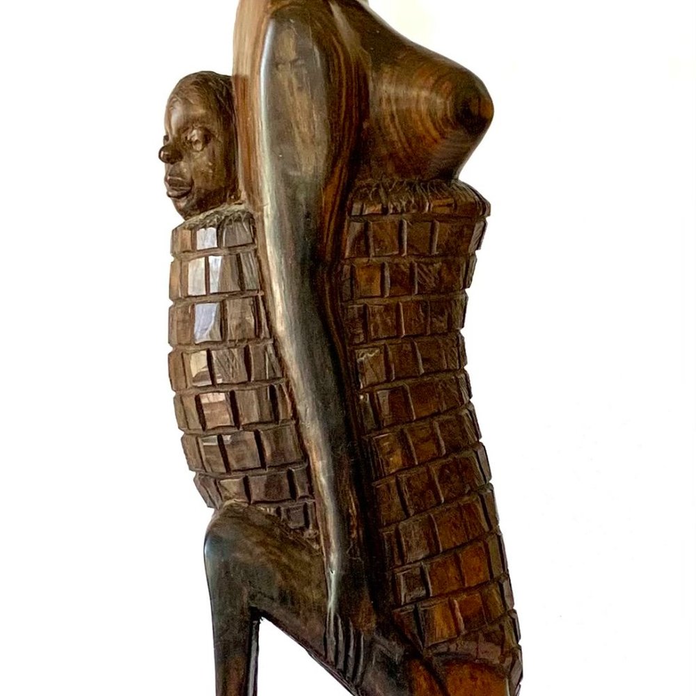 African Handcrafted Wooden Kneeling Woman w/ Child